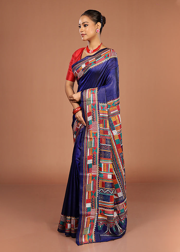 Blue Handloom Kantha Stitch Pure Silk Saree With Blouse Piece