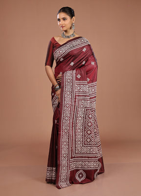Maroon Handloom Kantha Stitch Pure Silk Saree With Blouse Piece