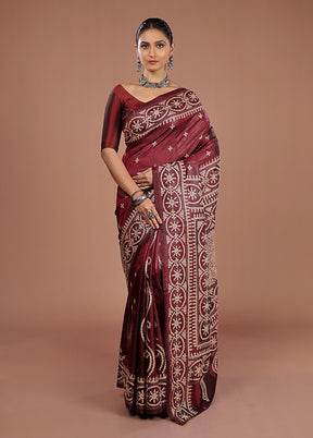 Maroon Handloom Kantha Stitch Pure Silk Saree With Blouse Piece