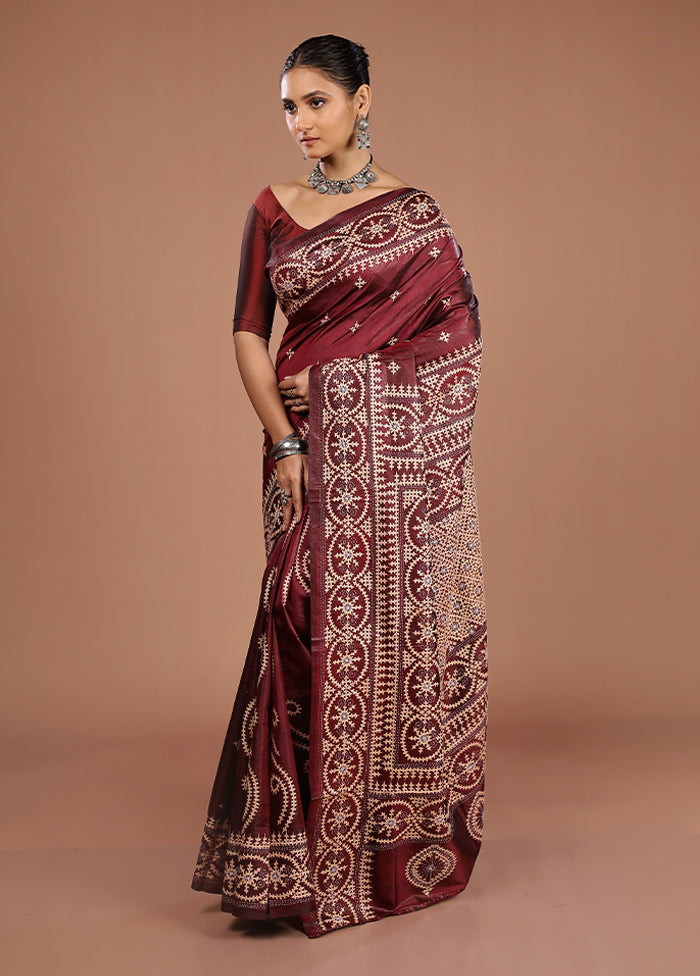 Maroon Handloom Kantha Stitch Pure Silk Saree With Blouse Piece