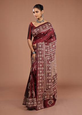 Maroon Handloom Kantha Stitch Pure Silk Saree With Blouse Piece