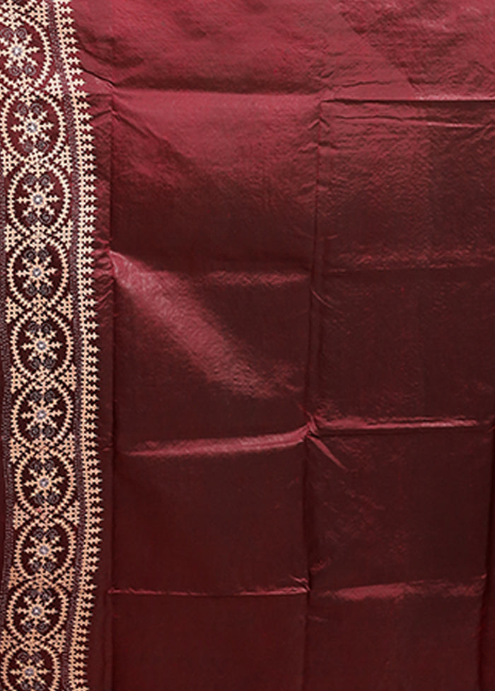 Maroon Handloom Kantha Stitch Pure Silk Saree With Blouse Piece