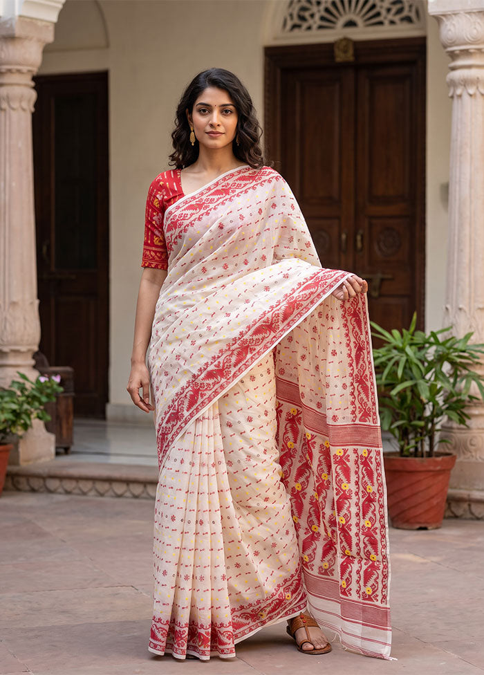 White Jamdani Cotton Saree Without Blouse Piece