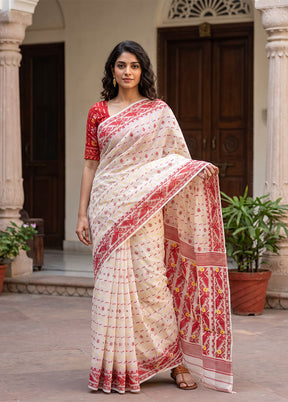 White Jamdani Cotton Saree Without Blouse Piece