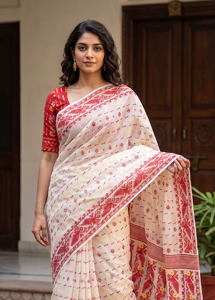White Jamdani Cotton Saree Without Blouse Piece