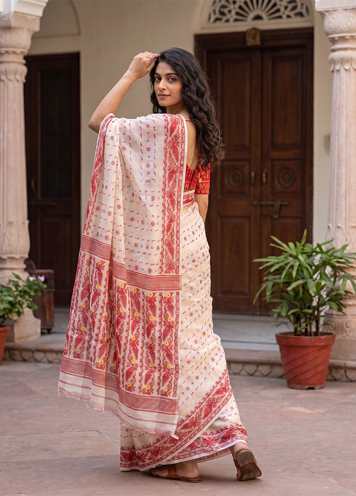 White Jamdani Cotton Saree Without Blouse Piece