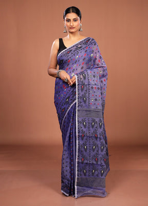 Blue Jamdani Cotton Saree Without Blouse Piece