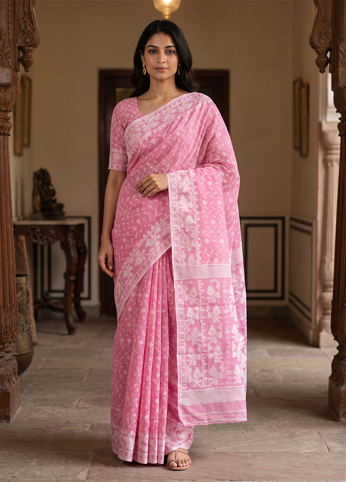 Pink Jamdani Cotton Saree Without Blouse Piece