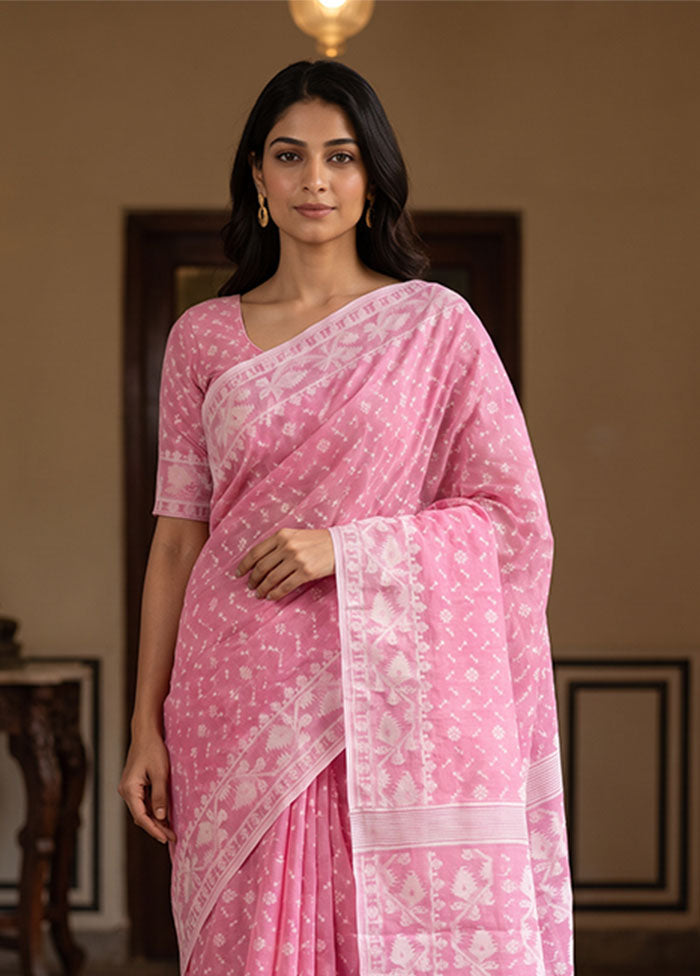 Pink Jamdani Cotton Saree Without Blouse Piece