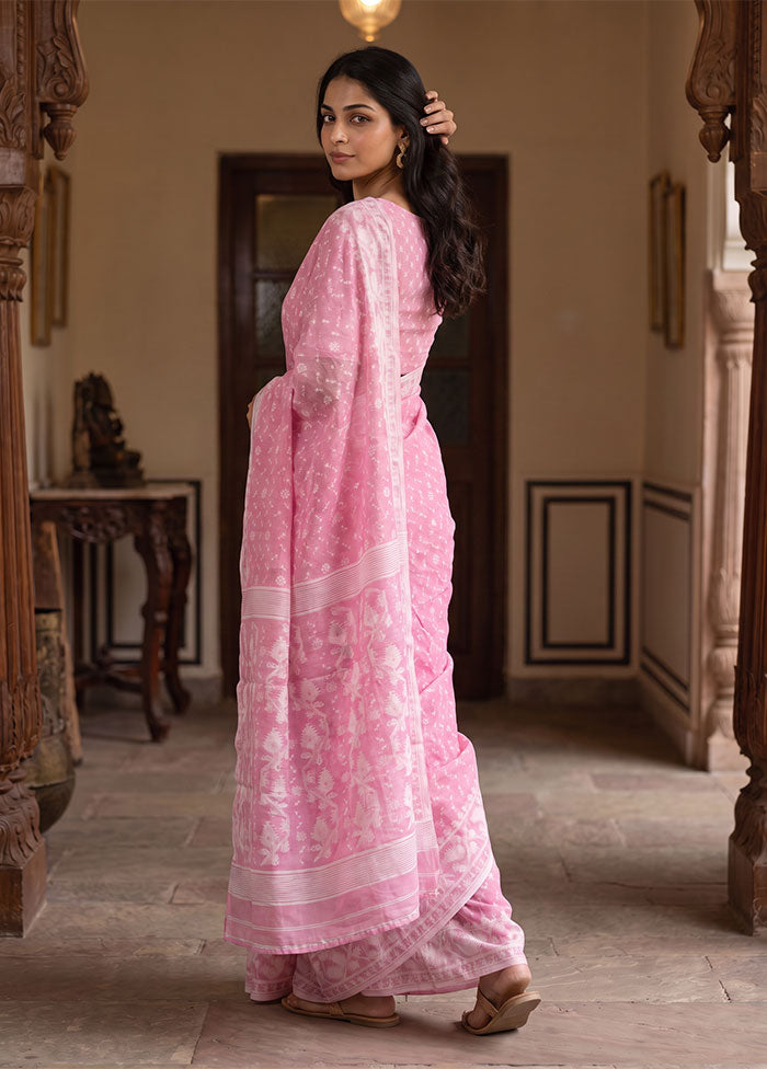 Pink Jamdani Cotton Saree Without Blouse Piece