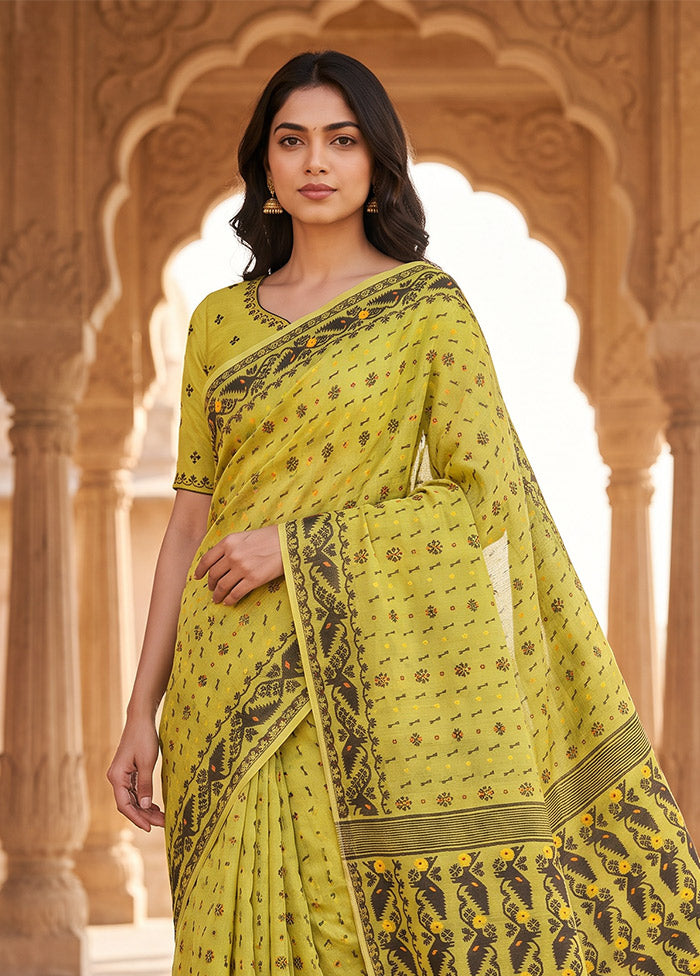 Green Jamdani Cotton Saree Without Blouse Piece