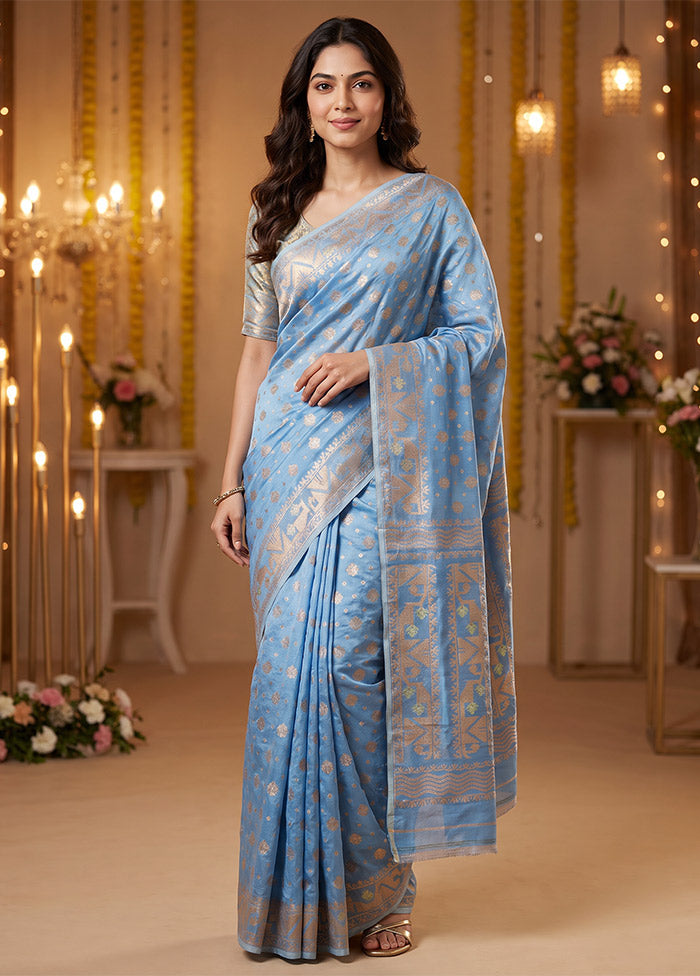 Blue Jamdani Cotton Saree Without Blouse Piece