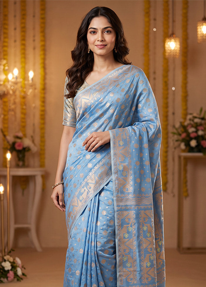 Blue Jamdani Cotton Saree Without Blouse Piece