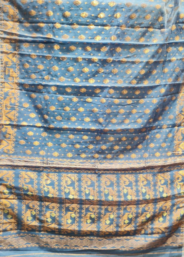Blue Jamdani Cotton Saree Without Blouse Piece