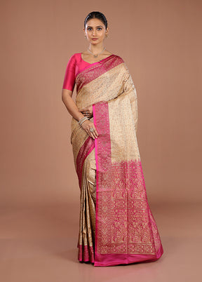 Cream Handloom Jamewar Pure Silk Saree With Blouse Piece