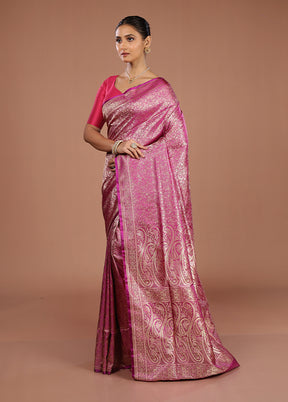 Pink Handloom Jamewar Pure Silk Saree With Blouse Piece
