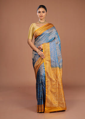 Blue Handloom Jamewar Pure Silk Saree With Blouse Piece