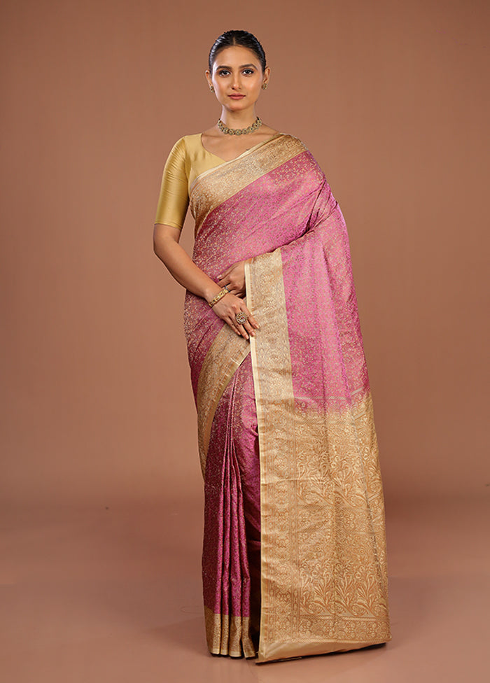 Pink Handloom Jamewar Pure Silk Saree With Blouse Piece