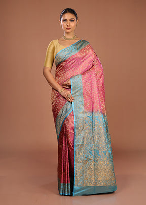 Pink Handloom Jamewar Pure Silk Saree With Blouse Piece
