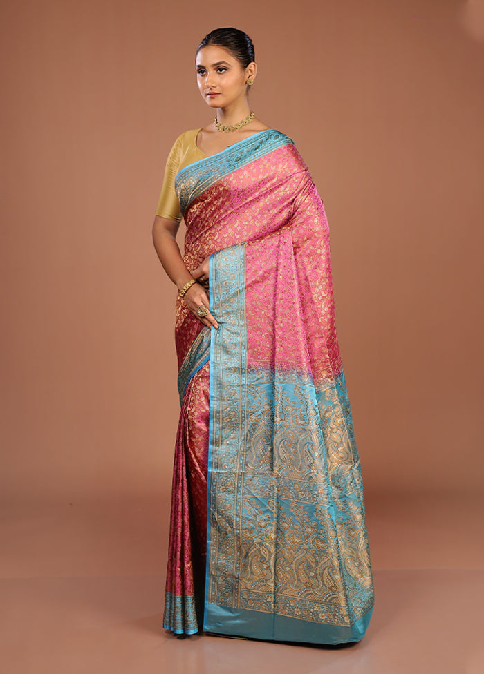 Pink Handloom Jamewar Pure Silk Saree With Blouse Piece