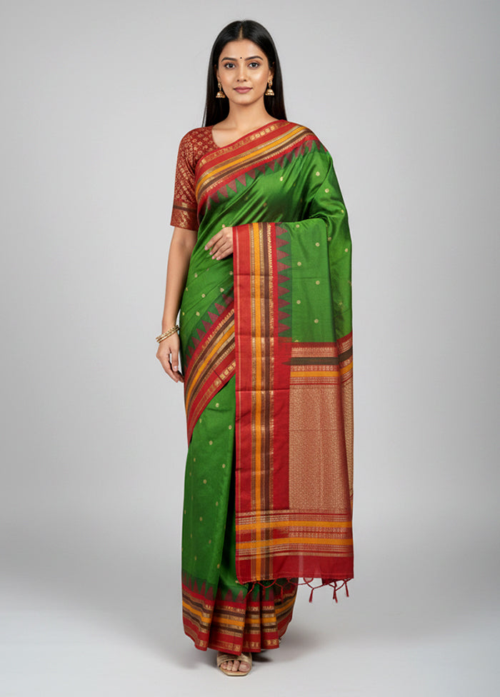 Green Handloom Kanjivaram Pure Silk Saree With Blouse Piece