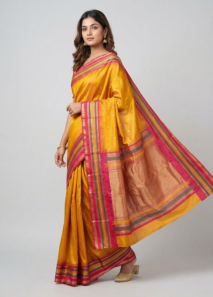 Yellow Handloom Kanjivaram Pure Silk Saree With Blouse Piece