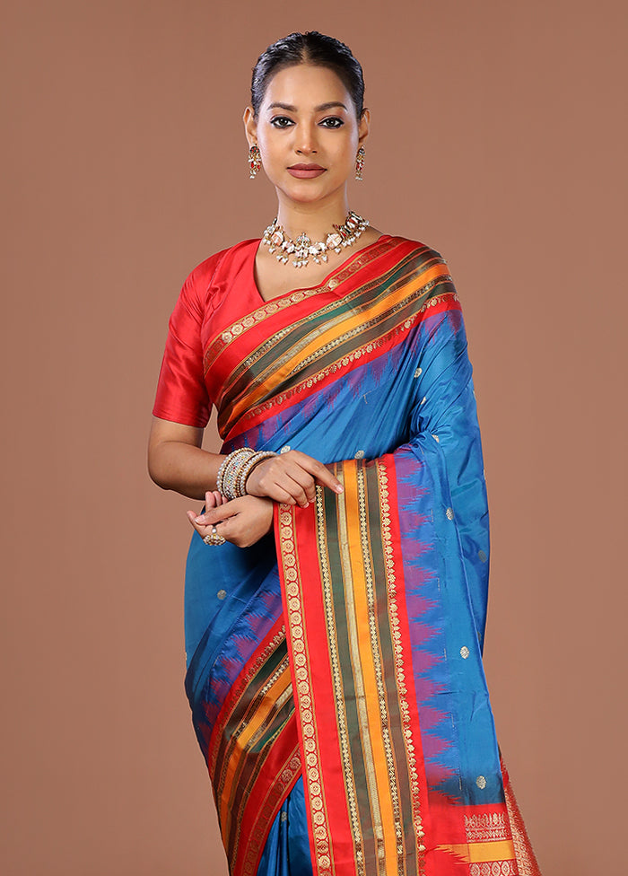Blue Handloom Kanjivaram Silk Saree With Blouse Piece