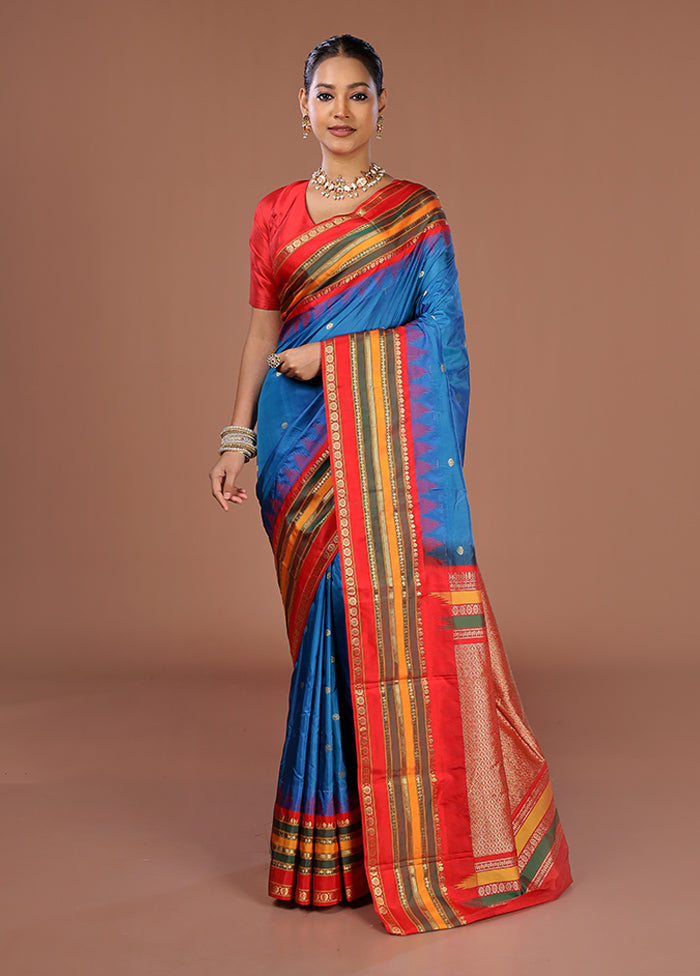 Blue Handloom Kanjivaram Silk Saree With Blouse Piece