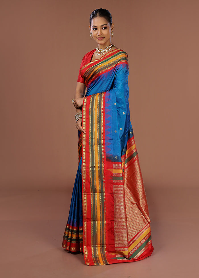 Blue Handloom Kanjivaram Silk Saree With Blouse Piece
