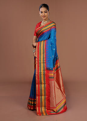 Blue Handloom Kanjivaram Silk Saree With Blouse Piece