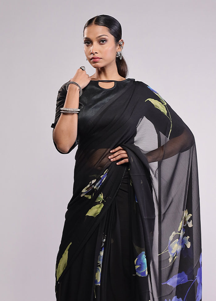 Black Chiffon Silk Saree With Blouse Piece