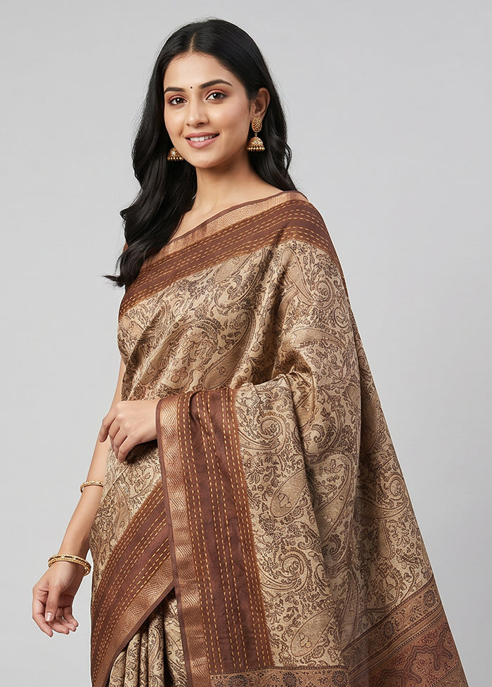 Cream Tussar Silk Saree With Blouse Piece