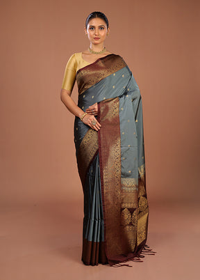Grey Kanjivaram Silk Saree With Blouse Piece