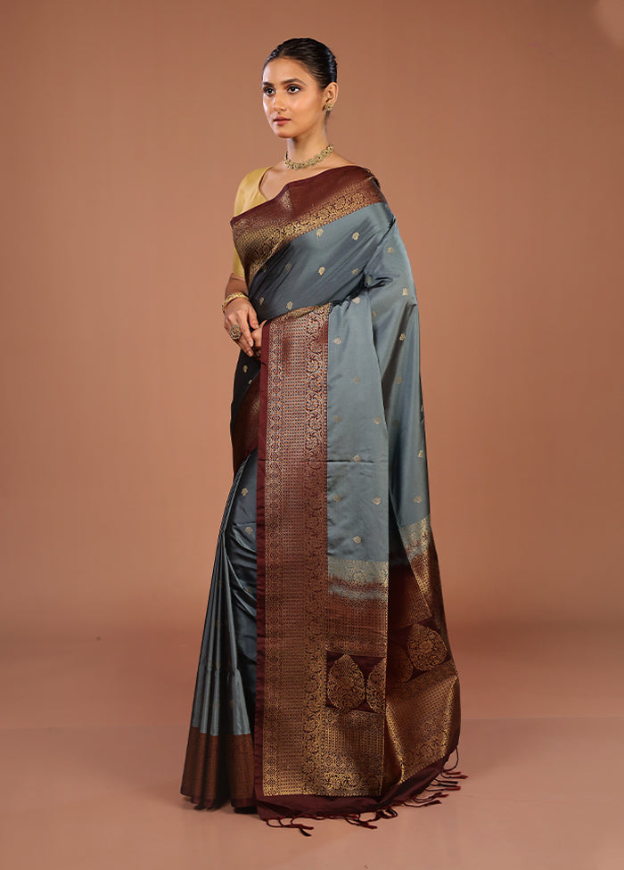 Grey Kanjivaram Silk Saree With Blouse Piece