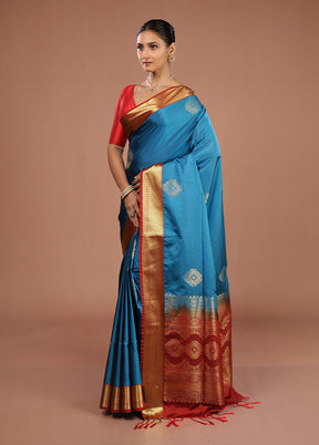Blue Kanjivaram Silk Saree With Blouse Piece