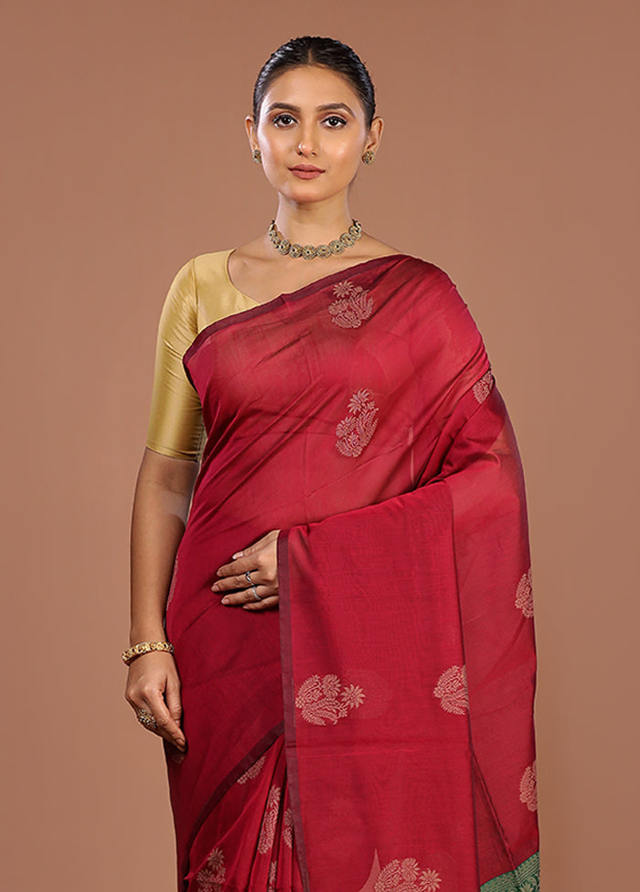 Maroon Cotton Saree With Blouse Piece