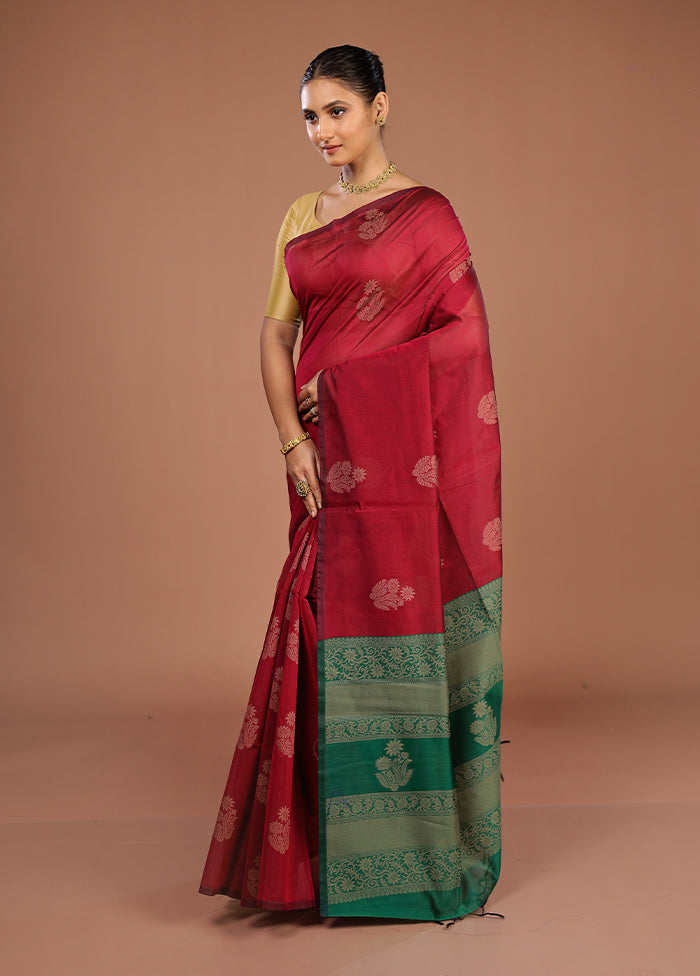 Maroon Cotton Saree With Blouse Piece