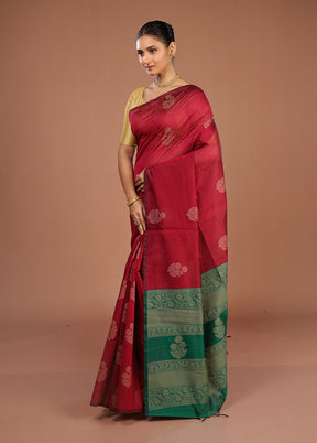 Maroon Cotton Saree With Blouse Piece