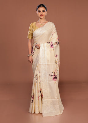 Cream Tussar Silk Saree With Blouse Piece