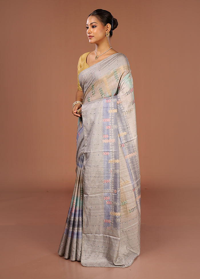 Blue Tussar Silk Saree With Blouse Piece