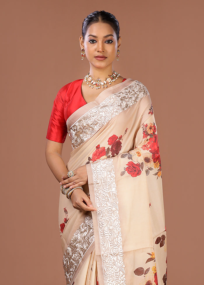 Cream Tussar Silk Saree With Blouse Piece