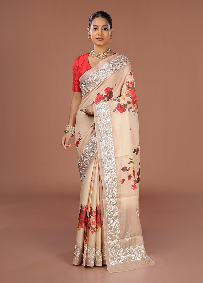 Cream Tussar Silk Saree With Blouse Piece