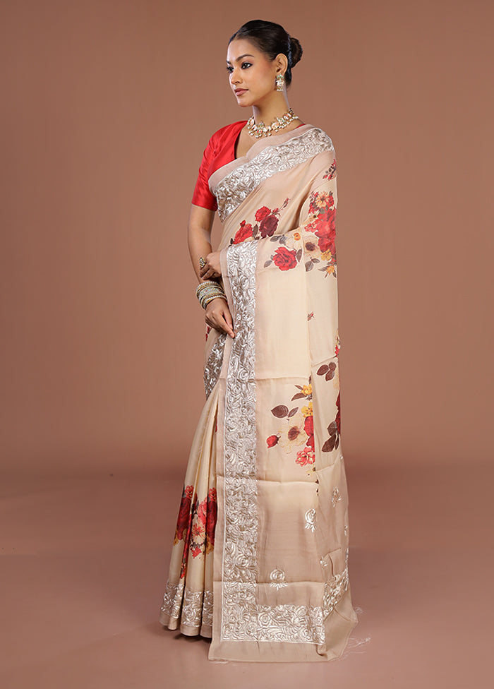 Cream Tussar Silk Saree With Blouse Piece
