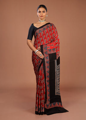 Red Printed Silk Saree Without Blouse Piece