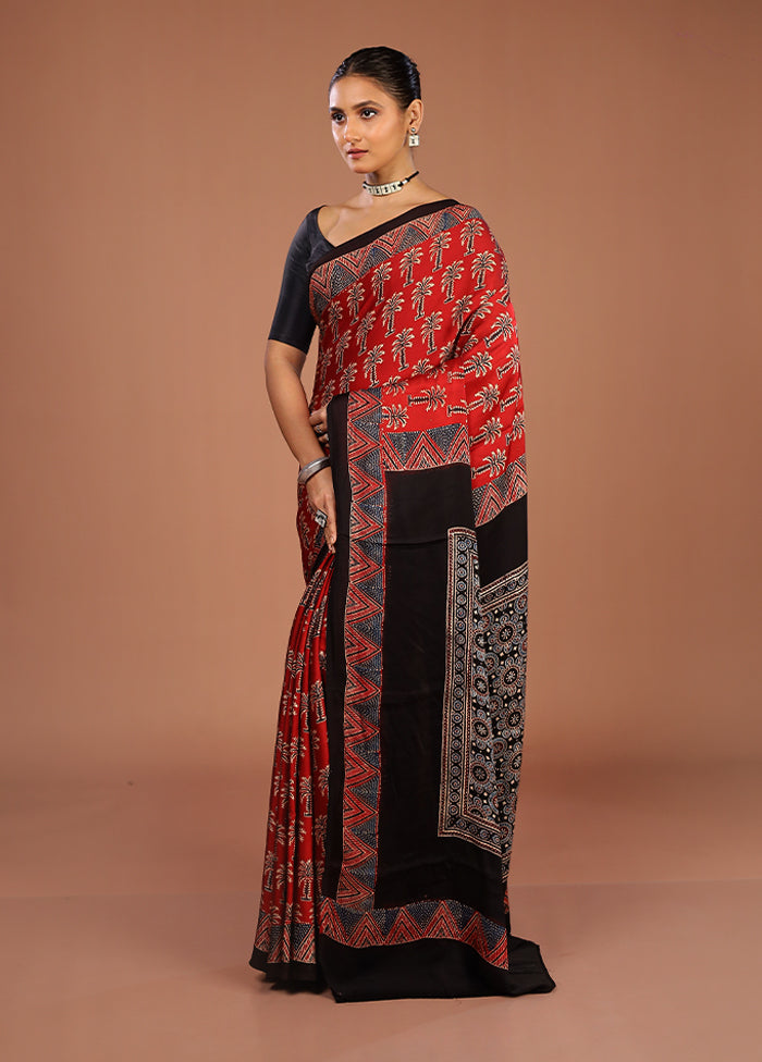 Red Printed Silk Saree Without Blouse Piece