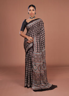 Black Printed Pure Silk Saree Without Blouse Piece