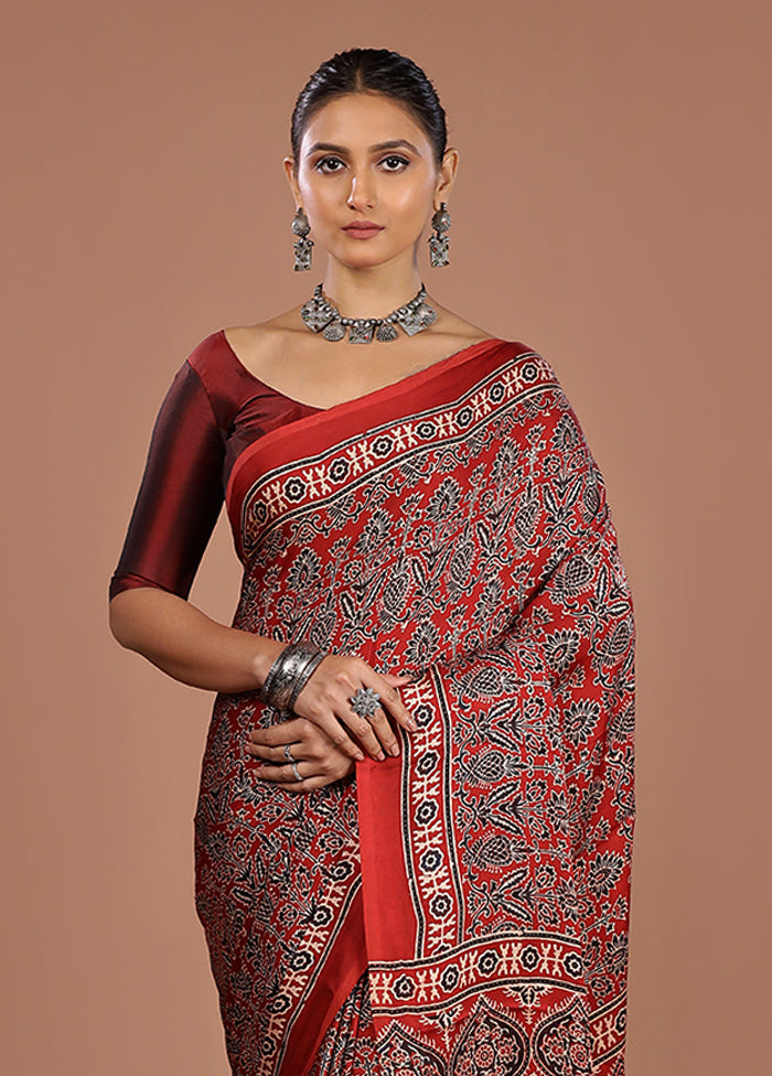 Maroon Printed Pure Silk Saree Without Blouse Piece