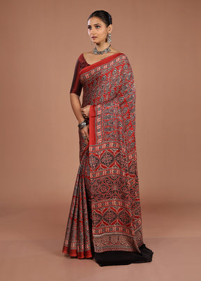 Maroon Printed Pure Silk Saree Without Blouse Piece
