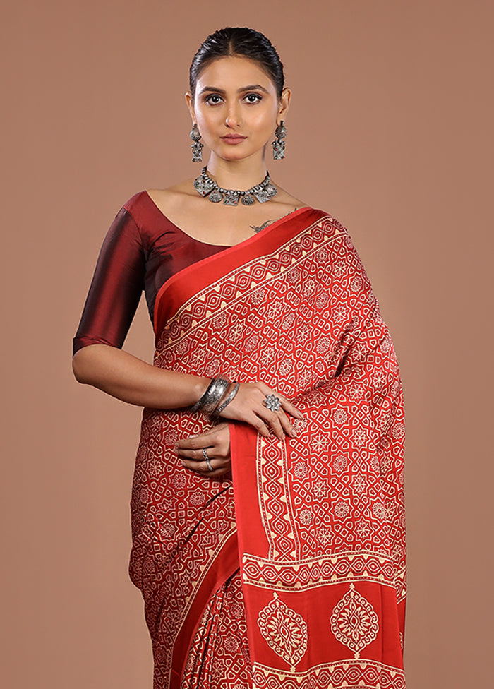 Red Printed Pure Silk Saree Without Blouse Piece