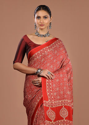 Red Printed Pure Silk Saree Without Blouse Piece